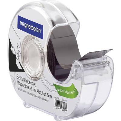 Een transparante dispenser met een rol zelfklevende magneetband waarvan een zwarte strip zichtbaar is uitgerold. Op het etiket staat 'magnetoplan'.