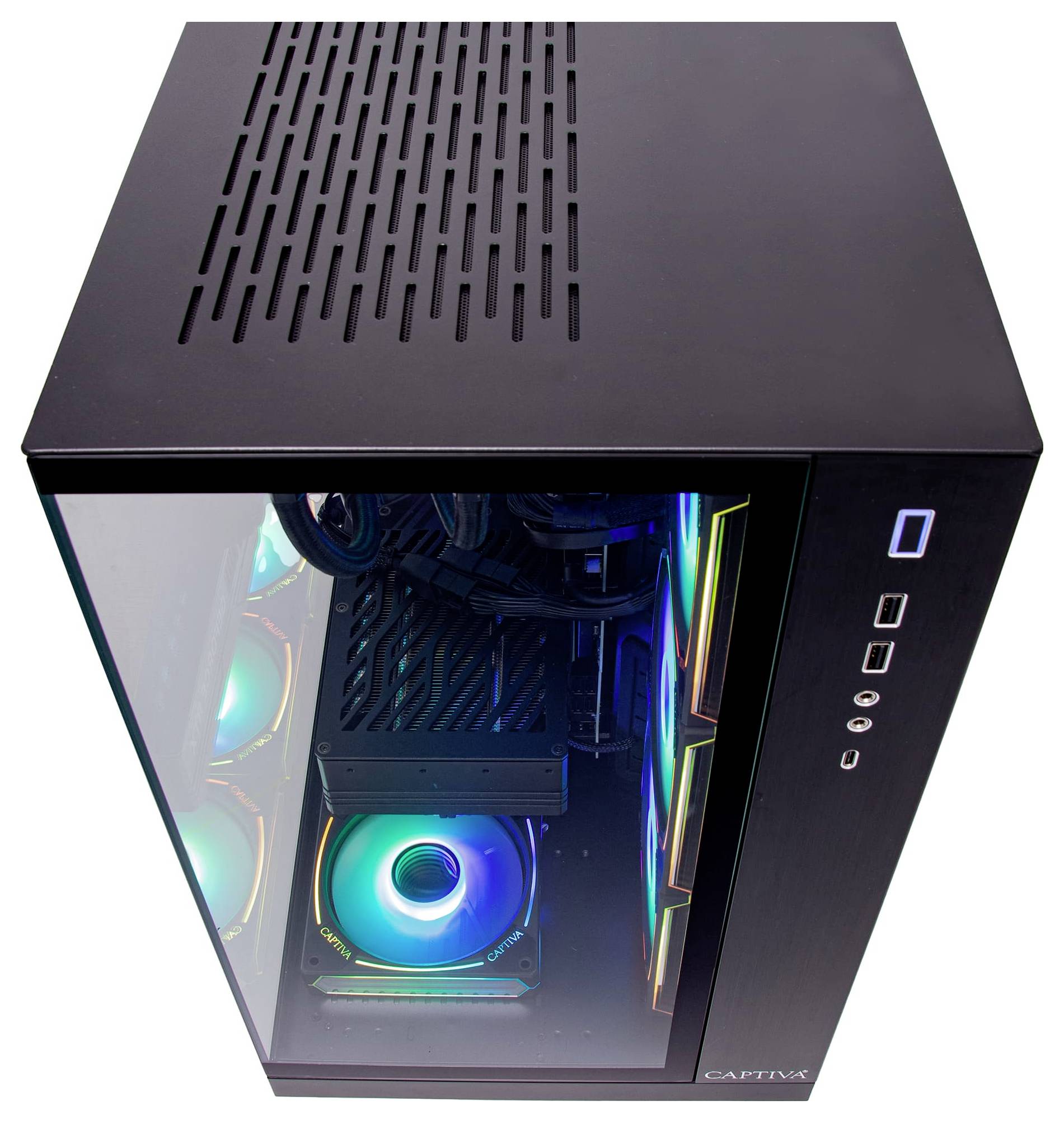 Een zwarte computerbehuizing met een transparant zijpaneel dat de interne componenten onthult met kleurrijk verlichte LED-fans.