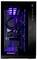 Een zwarte gaming-pc-toren met een transparant zijpaneel, waarbij de interne componenten worden tentoongesteld met paarse en blauwe LED-verlichting.