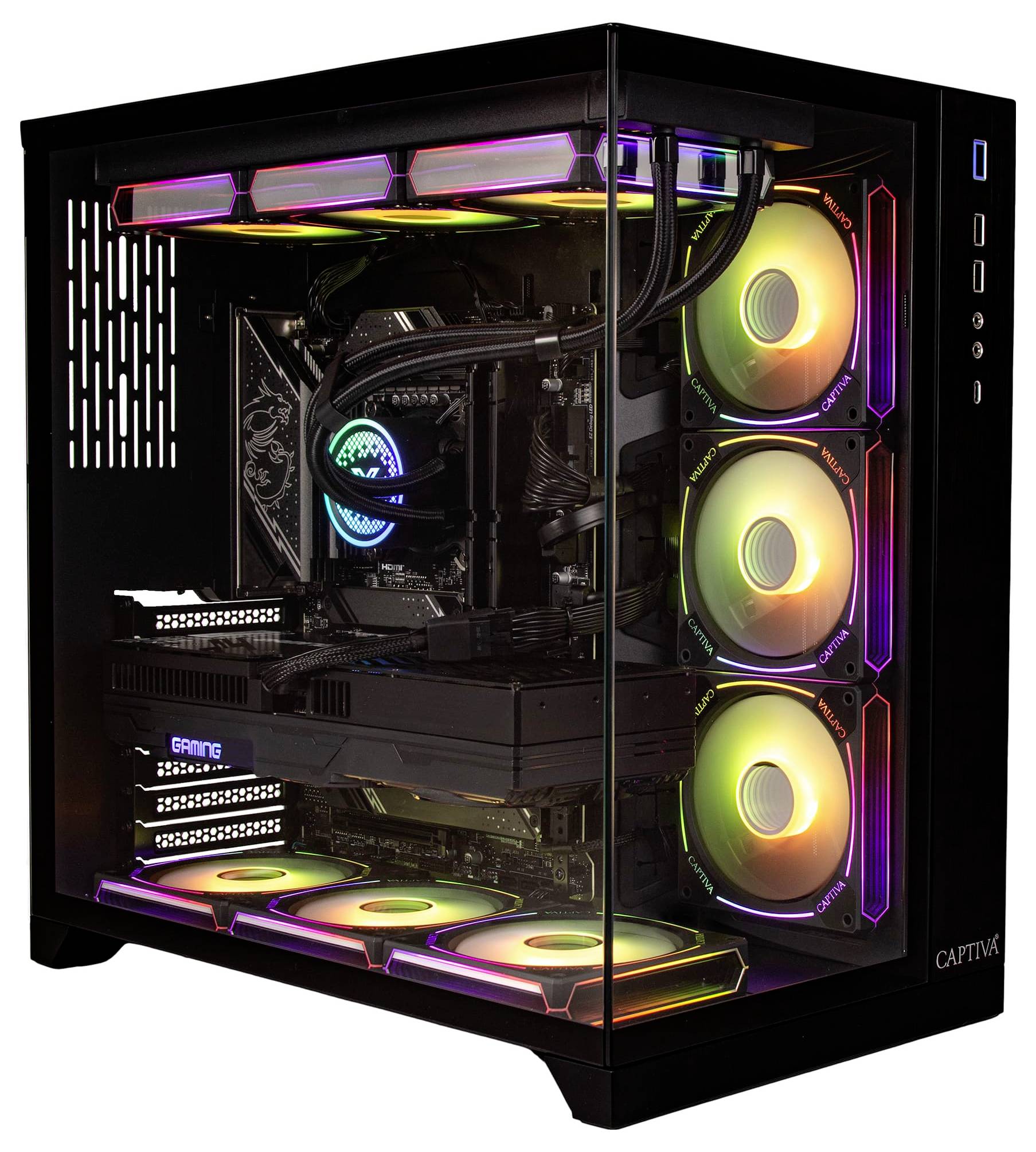 Een zwarte gaming-pc met een transparant zijpaneel, waarbij RGB-verlichte ventilatoren en interne componenten zoals een grafische kaart en koelsysteem zichtbaar zijn.