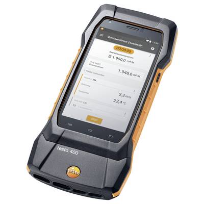 Handheld toestel met metingen, toont '1.950 m³/u', '234 metingen', '2,3 m²' en '22,4°C'.