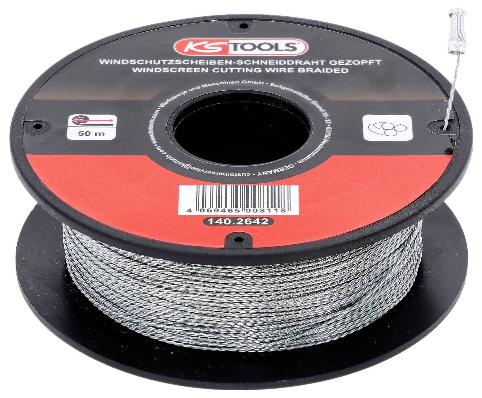Een spoel gevlochten draad gemerkt als 'ruitdraad voor snijden' met een lengte van 50 meter. Het merk 'KS Tools' is op de spoel gedrukt.