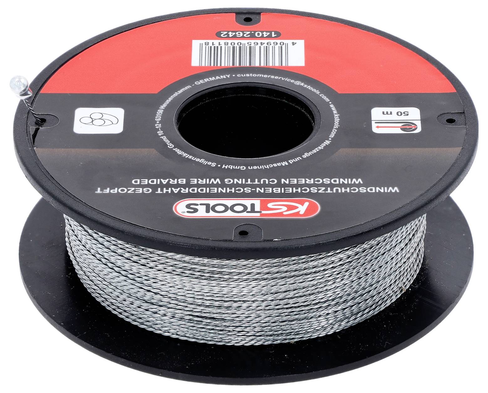Een spoel gevlochten draad, gelabeld 'KS Tools', 50 meter.