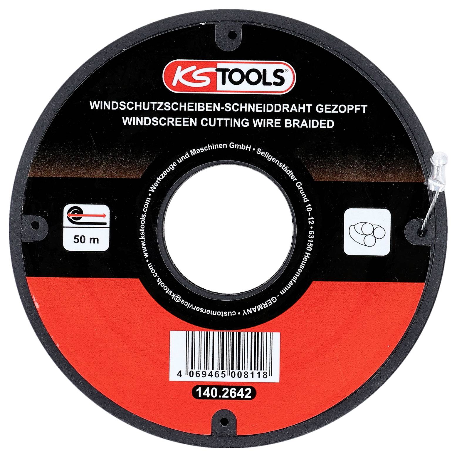 Een ronde spoel gemerkt met 'KS Tools Voorruit Snijdraad Gevlochten', met 50 meter snijdraad, barcode zichtbaar.