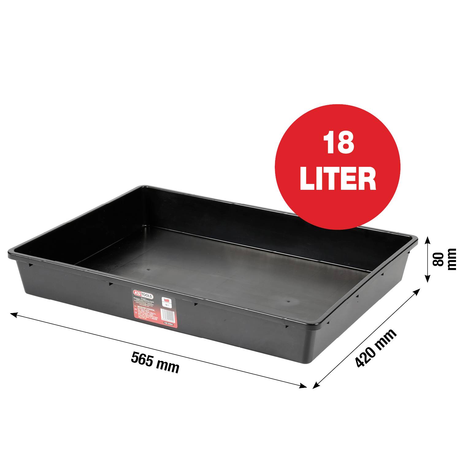 Een zwarte rechthoekige bak met afmetingen '565 mm bij 420 mm bij 80 mm', gelabeld als '18 liter', ideaal voor opslag of mengen.