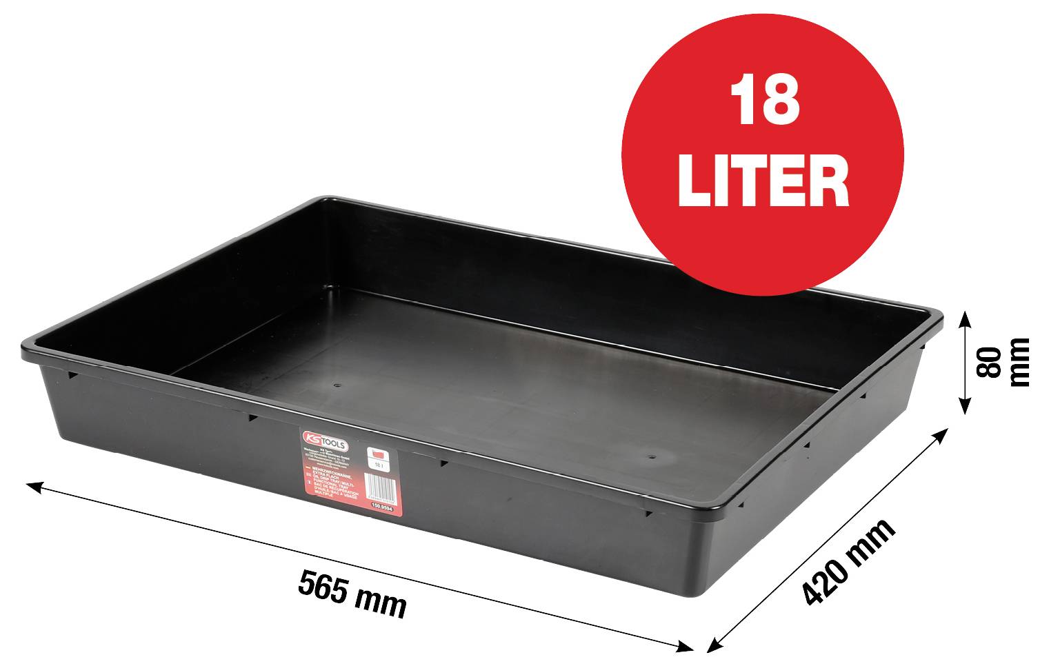 'Zwarte kunststof opslagdoos, 18 liter, afmetingen: 565 mm x 420 mm x 80 mm.'