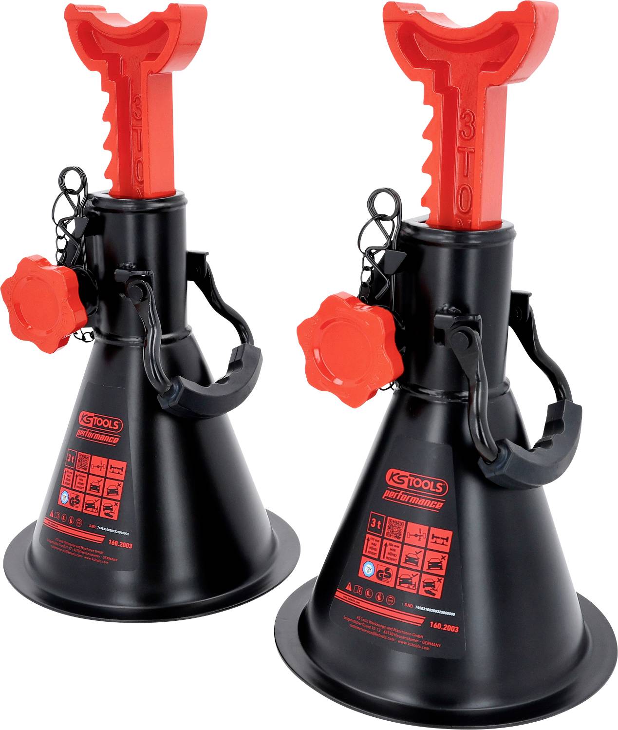 Twee zwarte kriksteunen met rode zadels, elk met een capaciteit van 3 ton. Ze zijn voorzien van het 'KS Tools' label en hebben pictogrammen met gebruiksaanwijzingen.