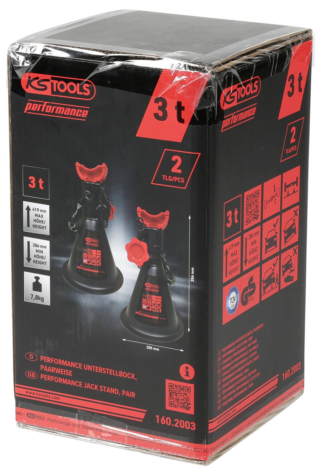Een rechthoekige doos met 'KS Tools Performance Ondersteunbok, 2T/stuk, 3t capaciteit' met afbeeldingen en specificaties zoals hoogte- en gewichtsdetails.