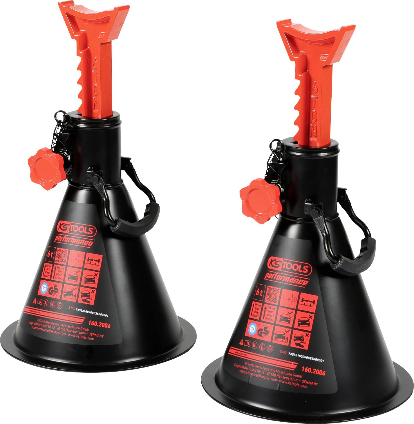 'KS Tools' verstelbare boksteunen; rood en zwart; veiligheidspennen en basisplaat; hoogtebereik 140-200mm; geschikt voor onderhoudswerkzaamheden.