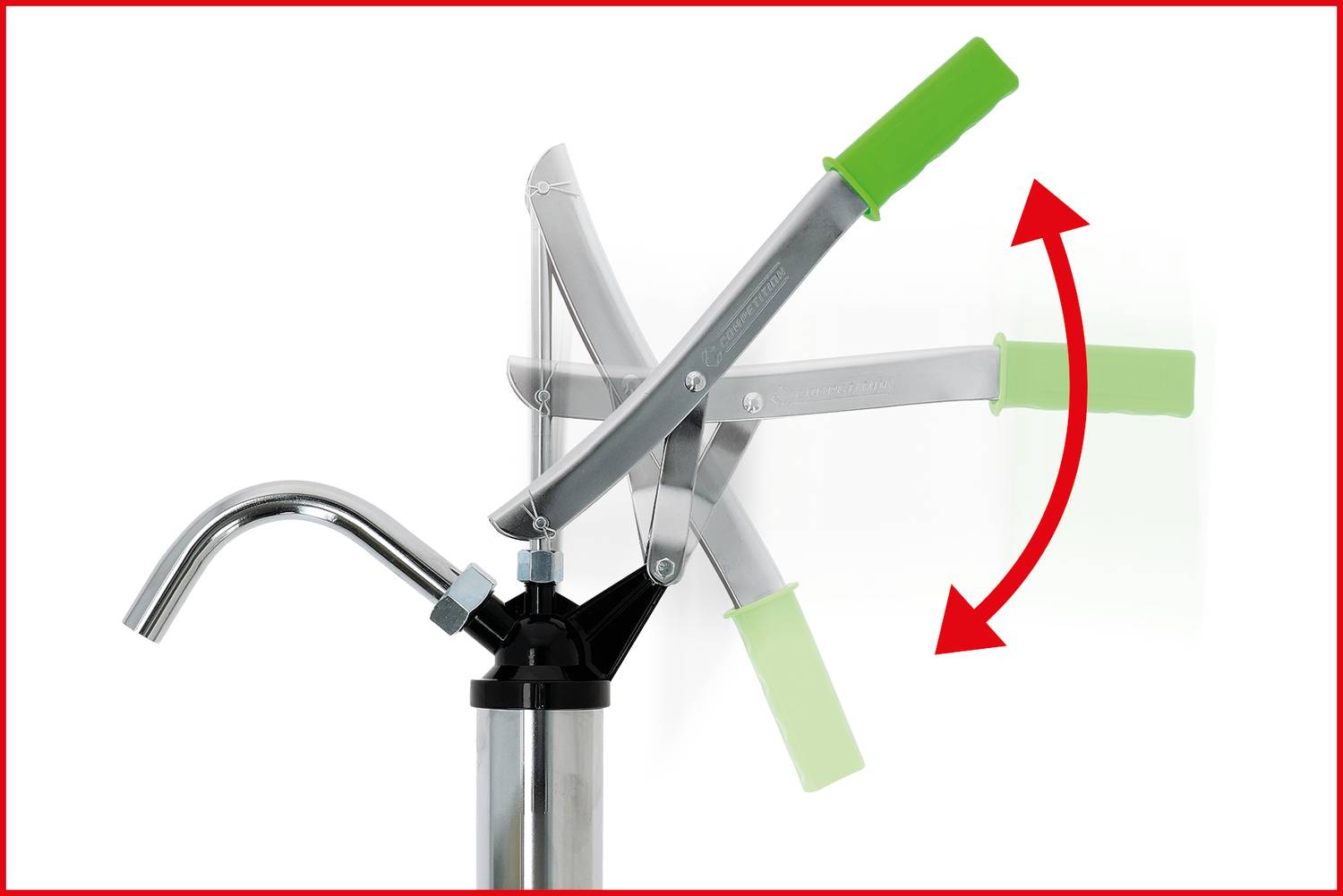 Een handpomp met een hefboom en handgreep wordt getoond, waarbij het bewegingspad van de hefboom wordt geïllustreerd met een pijl die de op- en neergaande beweging aangeeft.