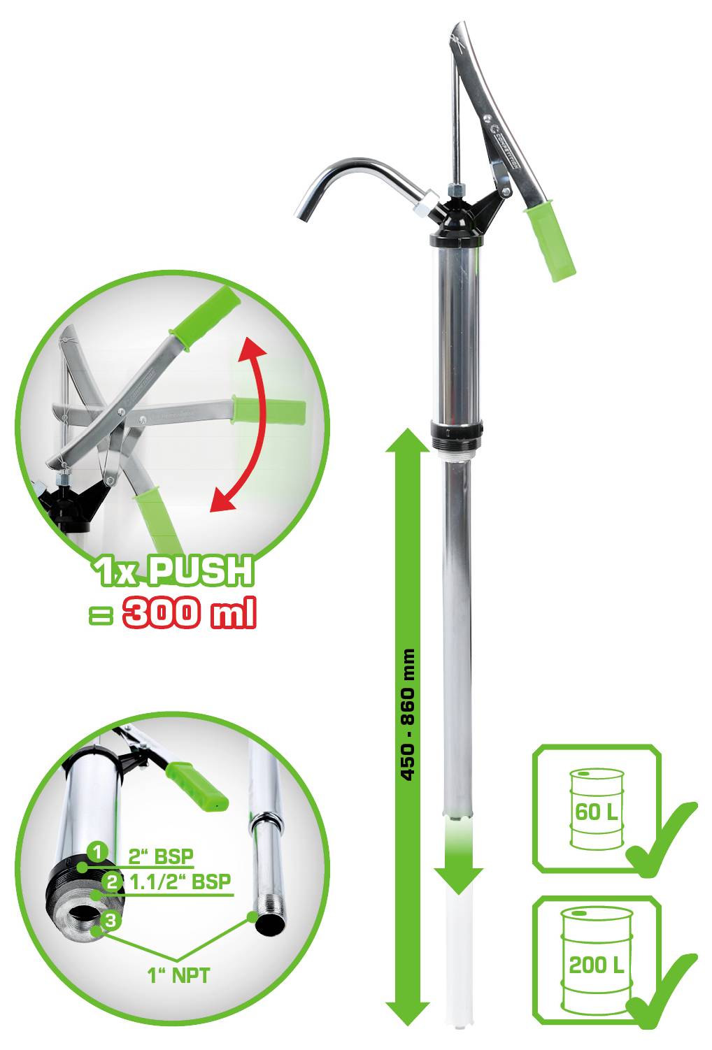 Handpomp met een verstelbare hoogte van 450-880 mm, geschikt voor 60L tot 200L vaten. Eén druk verdeelt 300 ml.