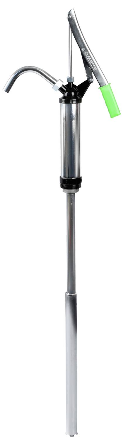 Een metalen hefboompomp met handaandrijving voorzien van een lange tuit en een groene hendel.