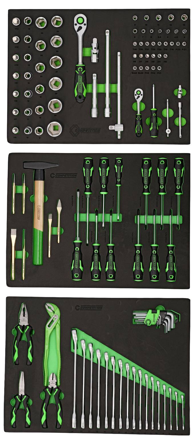 Een set van verschillende handgereedschappen georganiseerd in een schuimlade, inclusief moersleutels, schroevendraaiers, tangen en dopsleutels, hoofdzakelijk in groen en zilver.