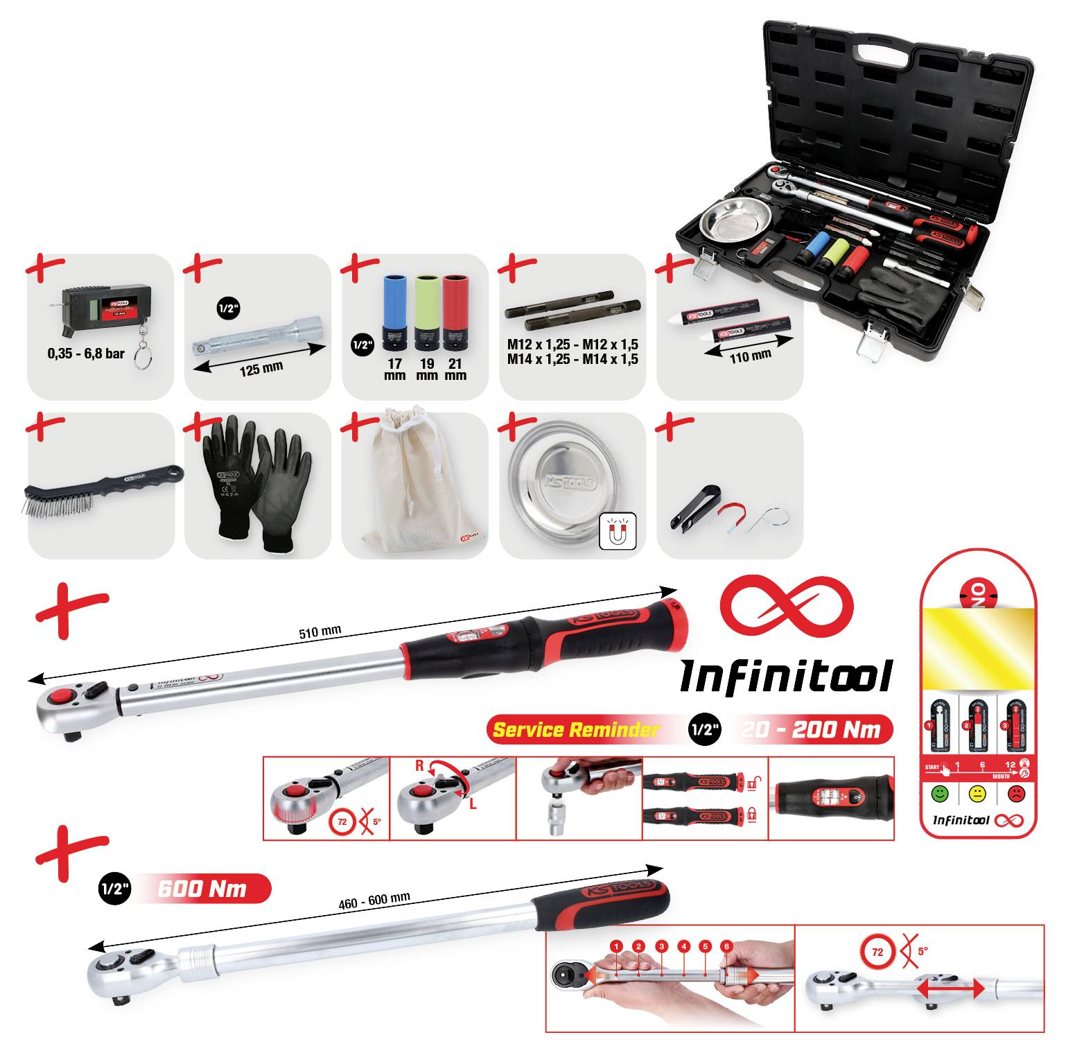 'Infinitool' momentsleutelset bevat verstelbare moersleutels, dopsleutels, handschoenen, een reinigingsborstel in een koffer, met meetindicatoren.