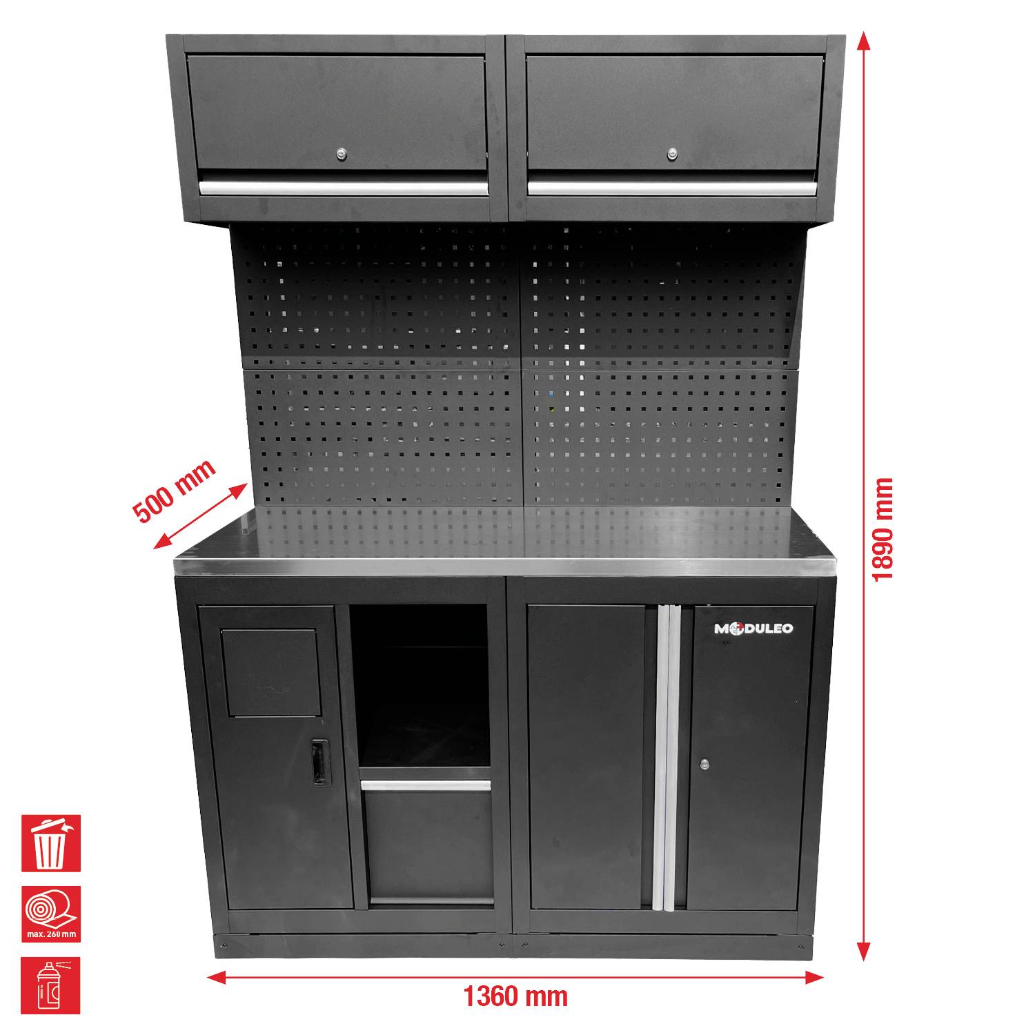 Zwarte modulaire gereedschapskast met twee bovencompartimenten, geperforeerde achterwand en twee onderste opslagruimtes. Afmetingen: 1890 mm hoogte, 1360 mm breedte, 500 mm diepte.