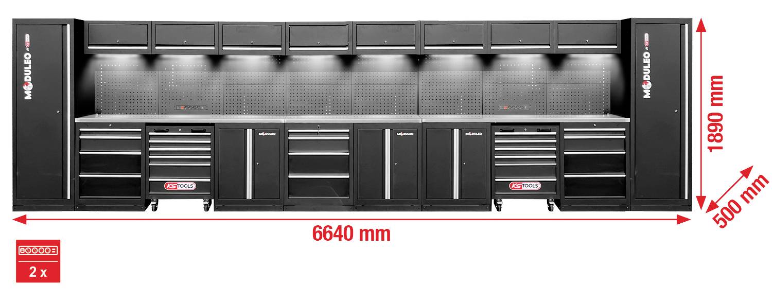 Een modulair garageopbergsysteem met meerdere kasten, laden en planken, met een breedte van 6640 mm, een diepte van 500 mm en een hoogte van 1890 mm.