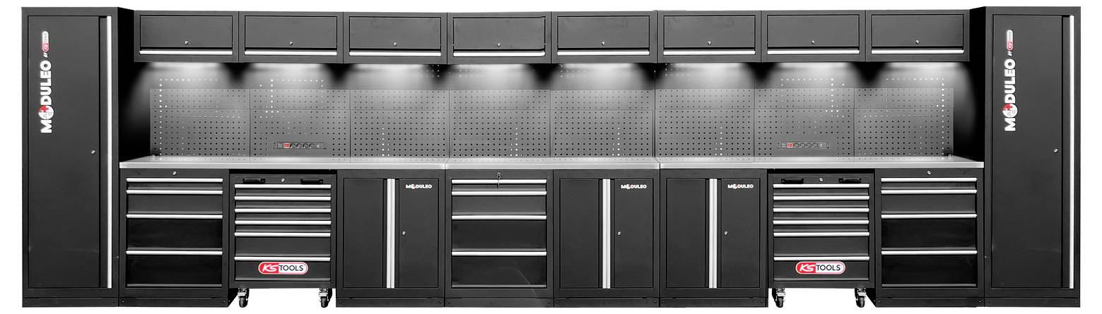 Zwart modulair gereedschapsopslagsysteem met zes bovenkasten, meerdere laden en twee verticale kasten. Merknamen 'Modulo' en 'AX Tool' zichtbaar op de units.