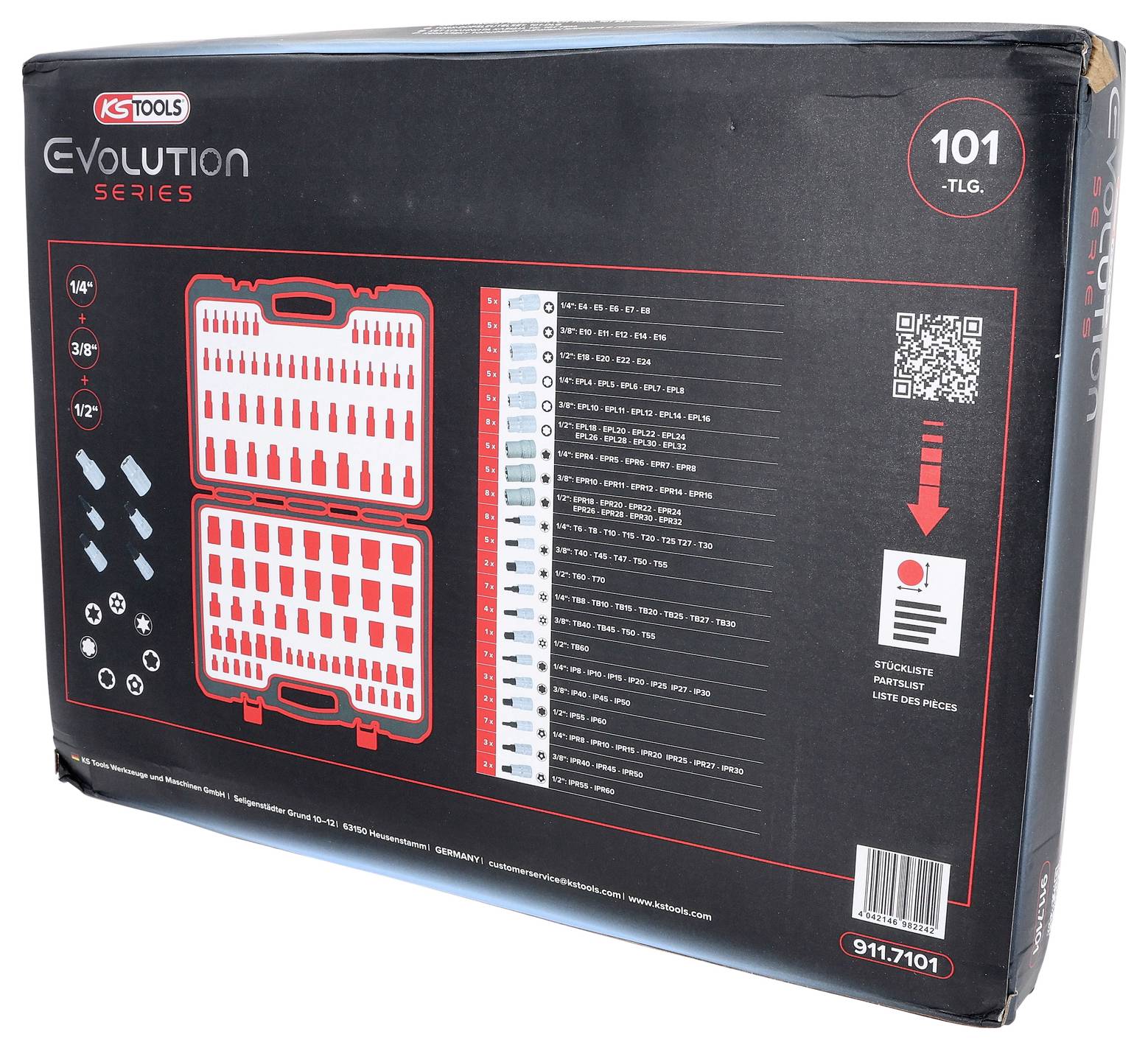 'KS Tools Evolution Serie' gereedschapskist, beschikt over een indeling met 101 onderdelen in metrische en imperial maten, behuizing getoond met gereedschapsomtrekken.