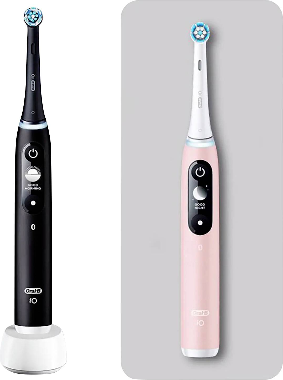 Twee elektrische tandenborstels worden getoond, één zwart en één roze. Beide hebben een rond borstelhoofd en beschikken over een aan/uit-knop.