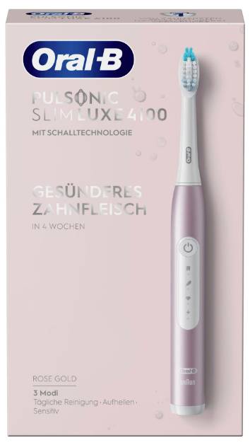 Oral-B Pulsonic Slim Luxe 4100 elektrische tandenborstel in roségouden verpakking, die gezondere tandvlees belooft in 4 weken met sonische technologie.