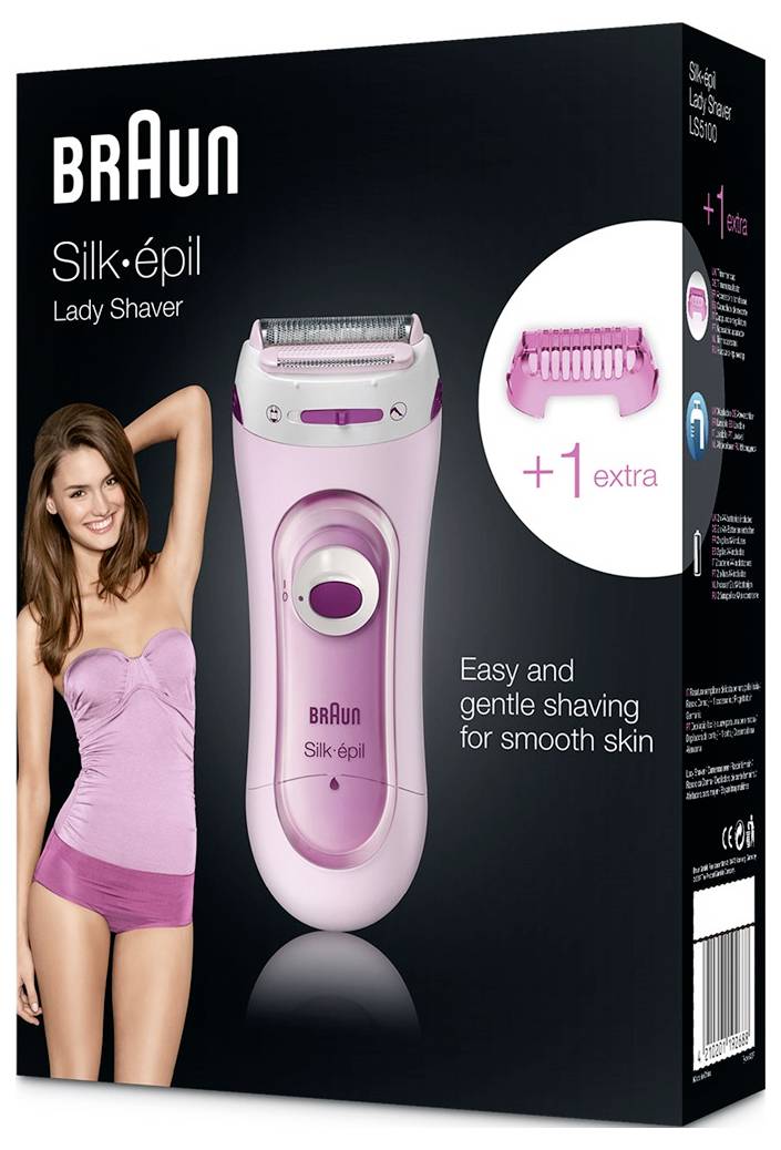 Verpakking voor Braun Silk-épil Ladyshaver. Bevat een roze onthaarder en extra opzetstuk. Tekst luidt 'Gemakkelijk en zacht ontharen voor gladde huid'.
