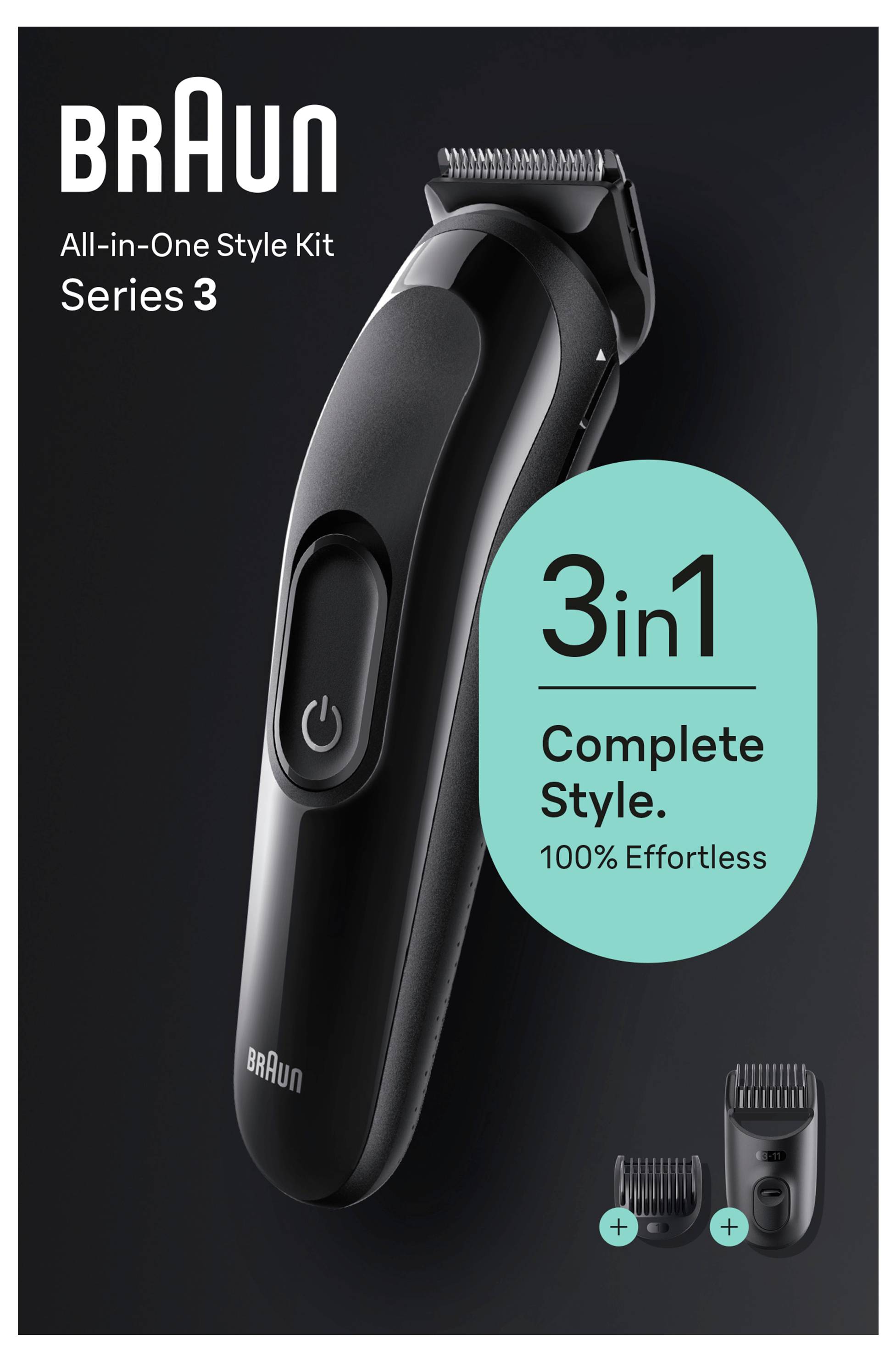 De afbeelding toont een 'Braun All-in-One Style Kit Series 3' met een zwart trimtoestel. Tekst benadrukt '3-in-1 Complete Style. 100% Moeiteloos.'