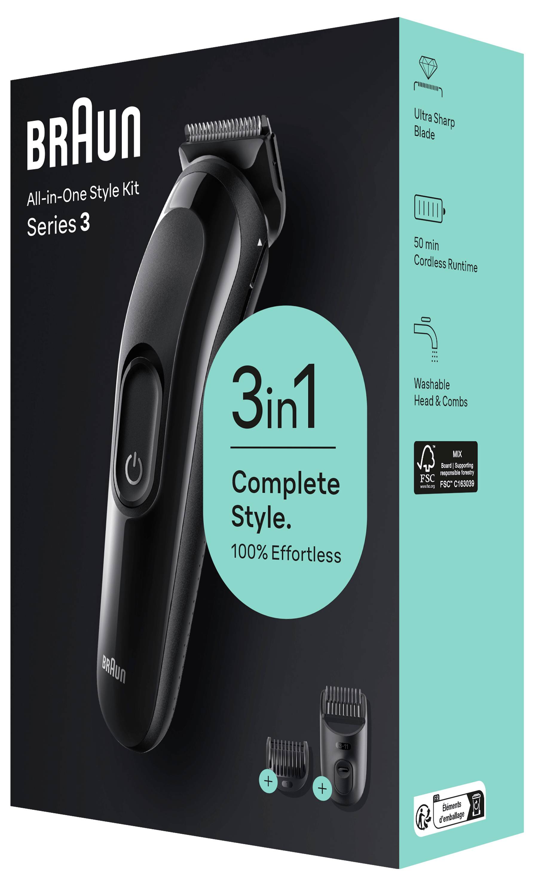 'Braun All-in-One Style Kit Series 3' verpakking toont een zwart verzorgingsapparaat met toebehoren. Kenmerken: ultra scherp mes, 50 min draadloos, waterbestendig.