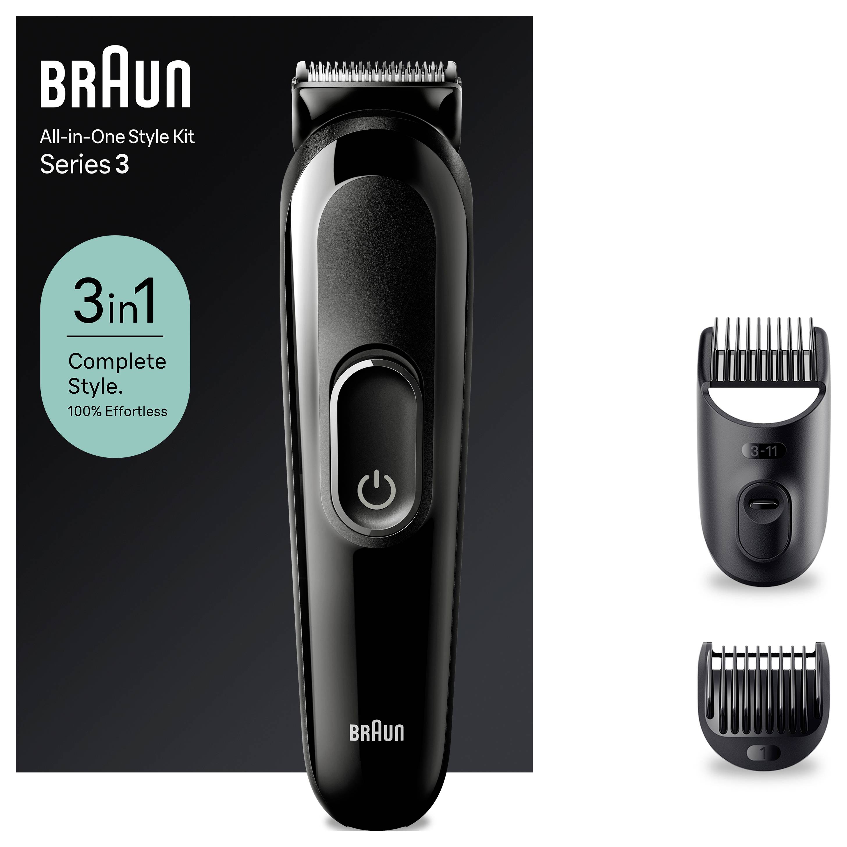 'Braun Series 3 All-in-One Style Kit' met een zwarte elektrische trimmer en twee verwisselbare opzetstukken voor kam.