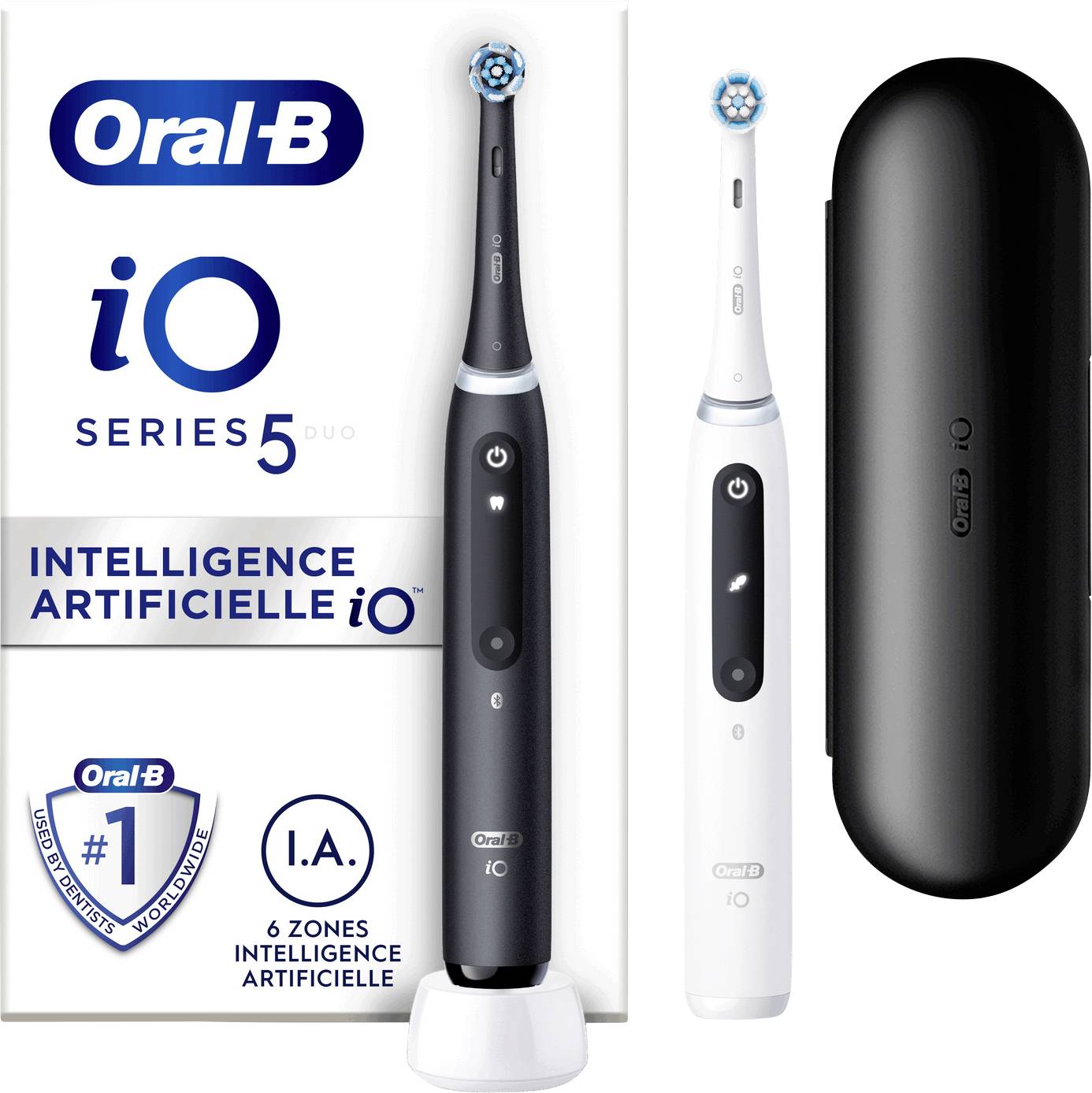 'Oral-B iO Series 5' elektrische tandenborstel met zwarte en witte modellen, kunstmatige intelligentie, 6 poetszones en reisetui.