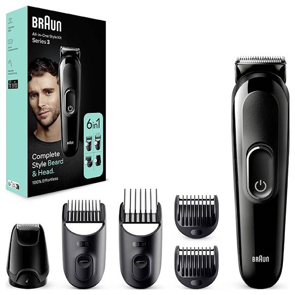 'Braun All-in-One Style Kit Series 3' verpakking met trimmer, vier verwisselbare opzetkammen en mini-foliescheerapparaat attachment tentoongesteld.