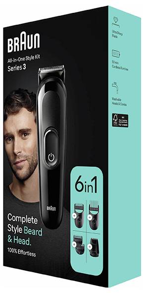 'Braun All-in-One Style Kit, Series 3' verpakking met een trimmer, baard- en hoofdstylers, en een man met een gestileerde baard.