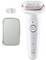 Witte en roségouden epilator met aan/uit-knop, snelheidsinstellingen en afneembare kop. Inclusief reinigingsborsteltje en opbergzakje.