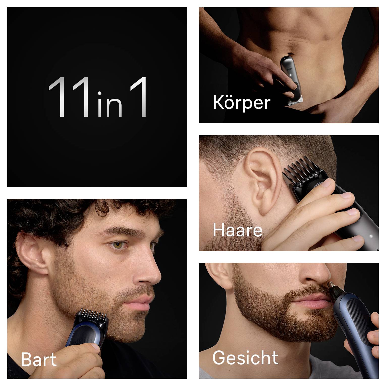 Een verzorgingsset met meerdere opzetstukken voor lichaam-, haar- en baardtrimmen. Grote tekst leest '11 in 1'.
