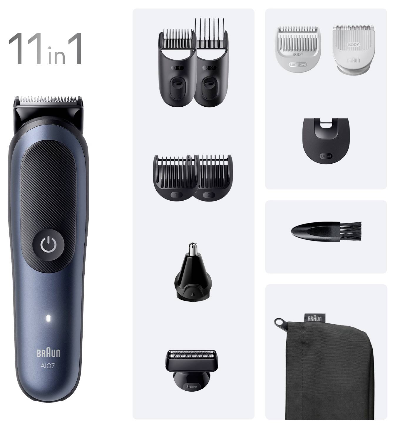 '11-in-1' trimmerset met elektrische trimmer, diverse opzetkammen en opbergtas, ontworpen voor veelzijdige haarstyling en onderhoud.