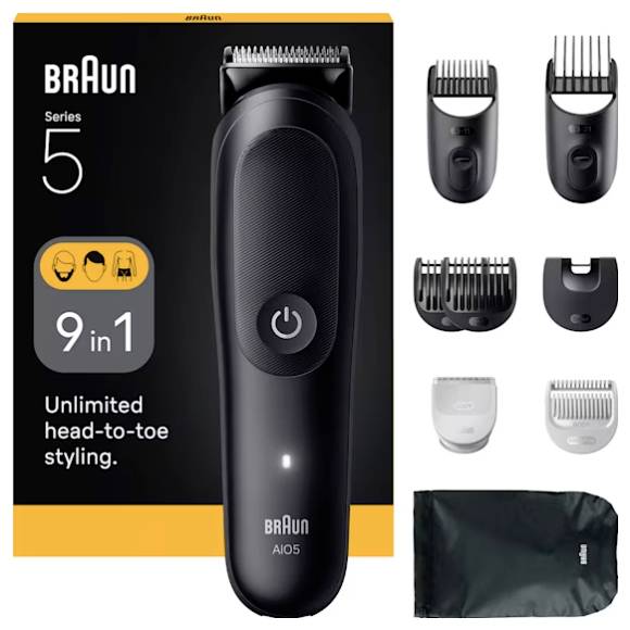 Een zwarte Braun Series 5 trimmer met verwisselbare koppen. Op de verpakking staat '9-in-1, onbeperkt styling van top tot teen'. Inclusief opbergzakje.