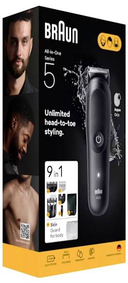 'Braun All-in-One Series 5' trimmer doos. Kenmerken: onbeperkte styling, huidbescherming, 9-in-1 functies en argan grip. Verzendingsartikel.