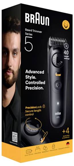 'Braun Baardtrimmer Serie 5' doos. Kenmerken omvatten geavanceerde stijl, gecontroleerde precisie, PrecisionLock, veilige lengteregeling, 40 instellingen. Afbeelding van trimmer en toebehoren op verpakking.