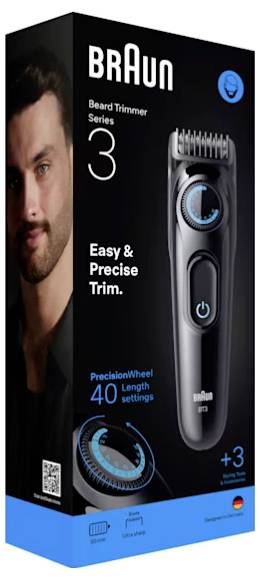 Doos van Braun Baardtrimmer Series 3, met een afbeelding van de trimmer, met eigenschappen: 'Makkelijk & Precies Trimmen', '40 Lengte-instellingen'.