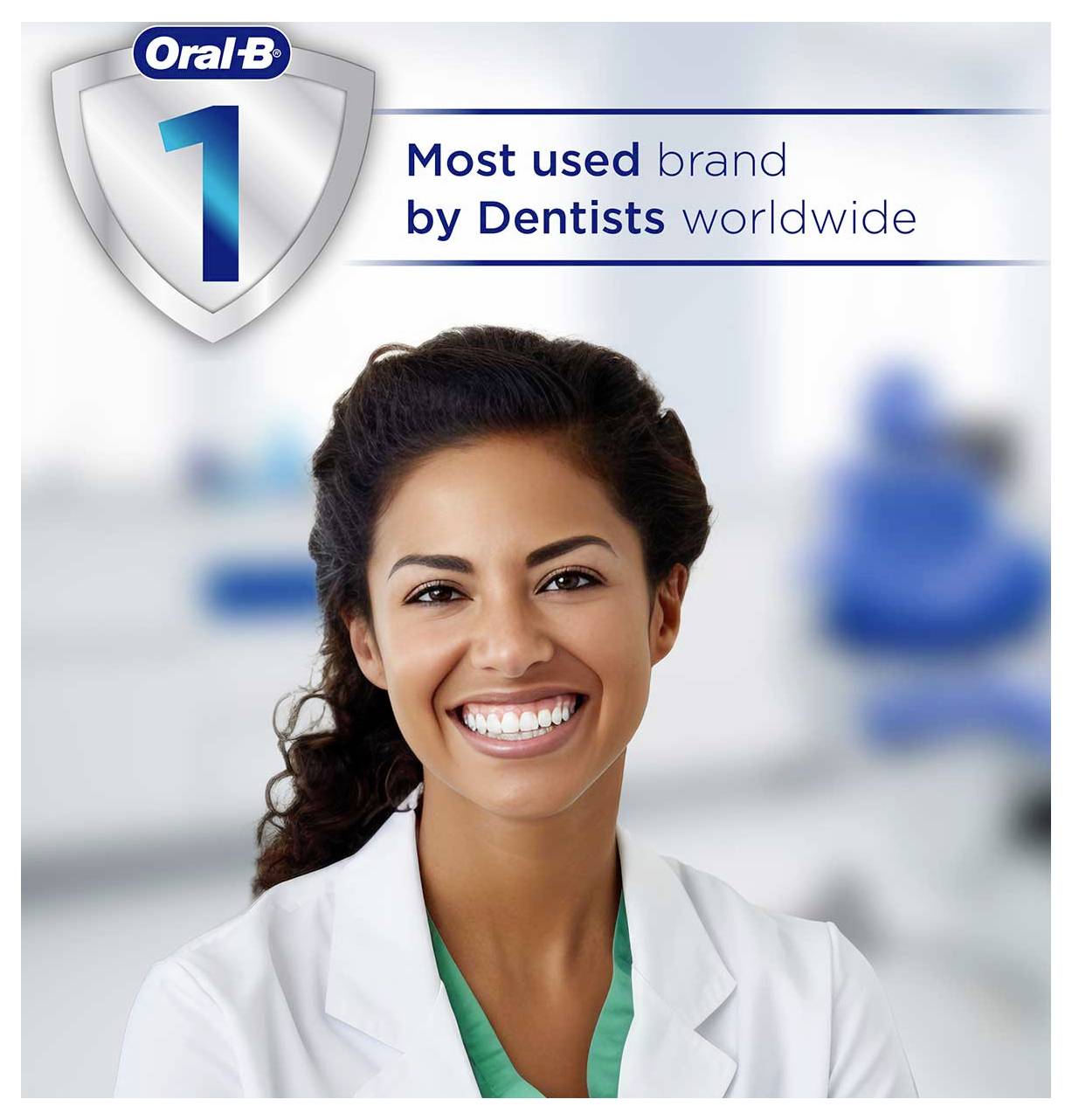 Een lachende tandarts in een witte jas, met 'Oral-B: Meest gebruikte merk door tandartsen wereldwijd' en een schild met het nummer één.