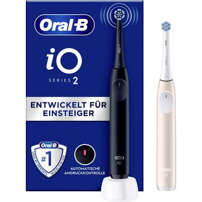 'Verpakking met Oral-B iO Series 2 elektrische tandenborstel, ontwikkeld voor beginners. Twee modellen getoond: zwart en roségoud. Met drukcontrole.'