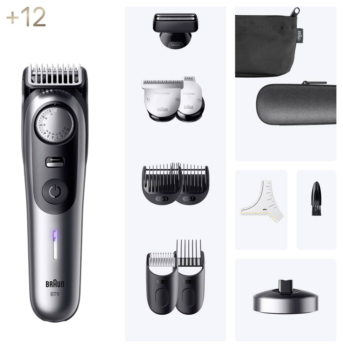 Grooming-kit afbeelding met een elektrische trimmer met bijbehorende accessoires zoals kammen, precisietrimmer, etui en oplaadstandaard.