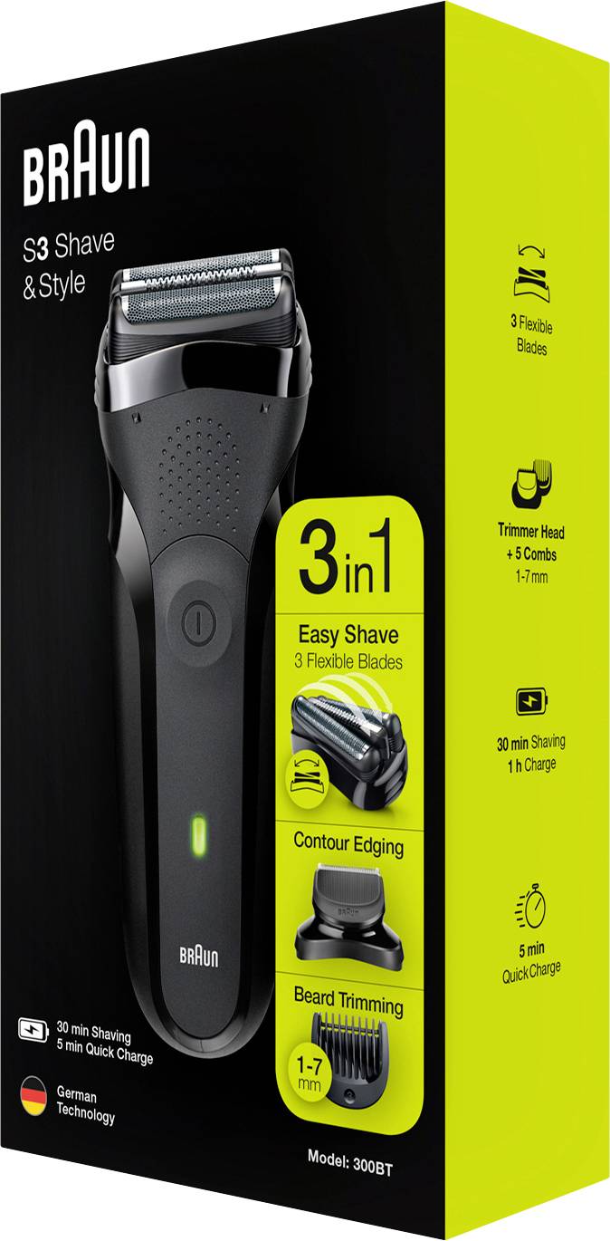 'Braun S3 Shave & Style 3-in-1 scheerapparaat' doos. Kenmerken: 3 flexibele messen, contour afwerking, baardtrimmen. Duitse technologie. Model 300BT.