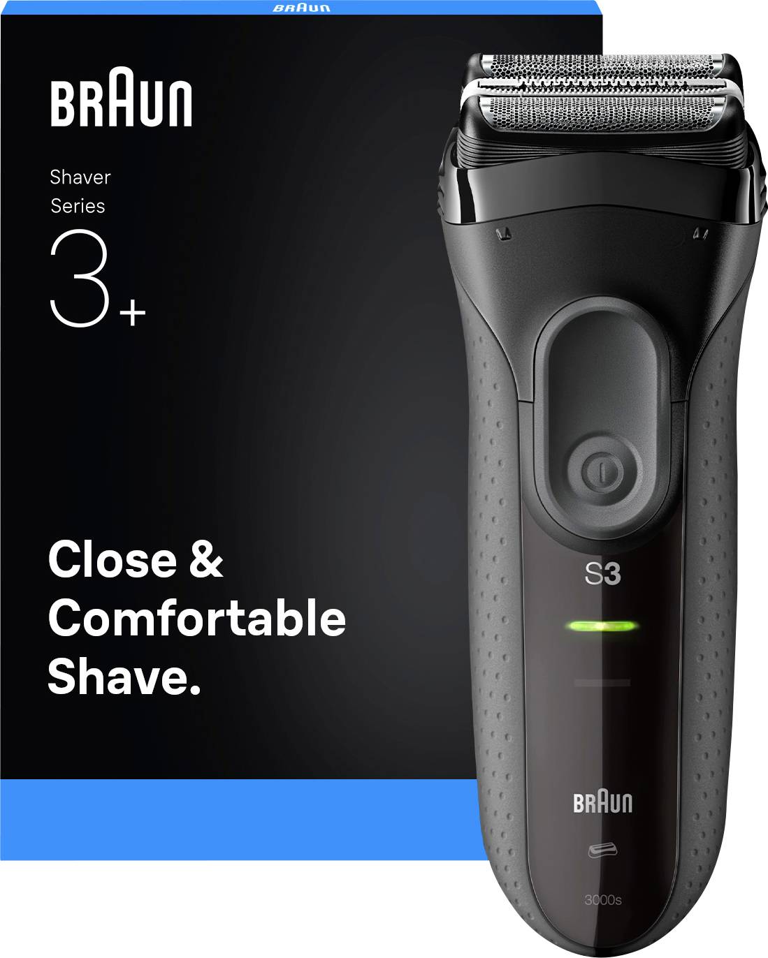 'Braun Scheerapparaat Series 3+' zwarte elektrische scheerapparaat met ergonomisch ontwerp, naast de verpakking getoond. Tekst luidt: 'Dichtbij & Comfortabel Scheren.'