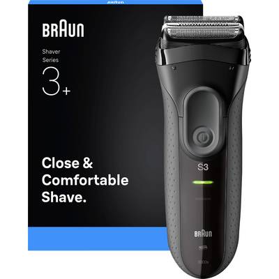 'Braun Scheerapparaat Series 3+' zwarte elektrische scheerapparaat met ergonomisch ontwerp, naast de verpakking getoond. Tekst luidt: 'Dichtbij & Comfortabel Scheren.'