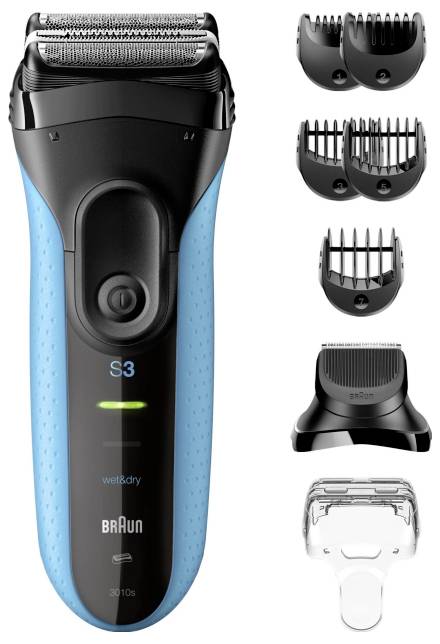 Elektrische scheerapparaat met blauwe grip, getoond met vijf opzetstukken voor gevarieerde verzorgingsbehoeften.
