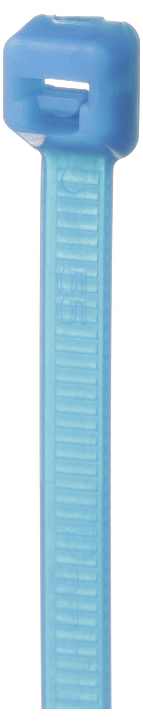 Close-up van een blauwe kabelbinder met een geribde textuur en een rechthoekig hoofd.