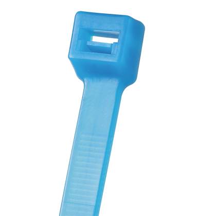 Een close-up van een blauwe kabelbinder, gebruikt voor het bevestigen van draden of objecten aan elkaar. Hij heeft een rechthoekige kop met een vergrendelingsmechanisme.