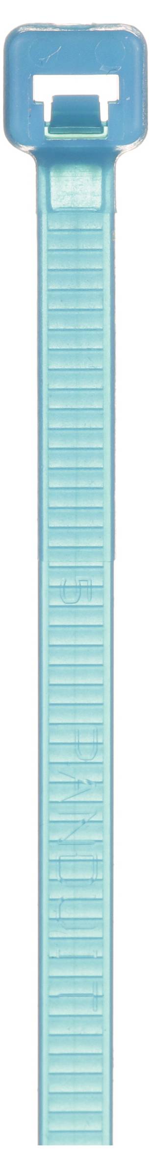Een blauwe kabelbinder met een vergrendelingsmechanisme aan de bovenkant, gebruikt om voorwerpen stevig vast te maken.