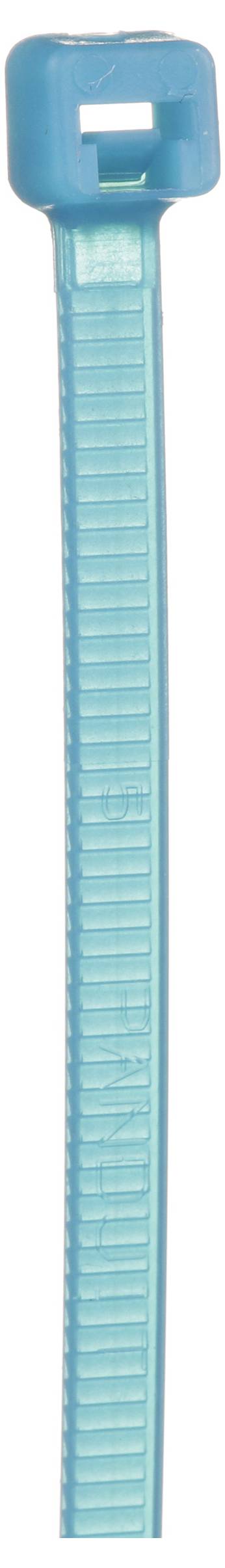 Een close-up van een turquoise kabelbinder, waarbij het vergrendelingsmechanisme en het geribde oppervlak voor het bevestigen van objecten duidelijk zichtbaar zijn.