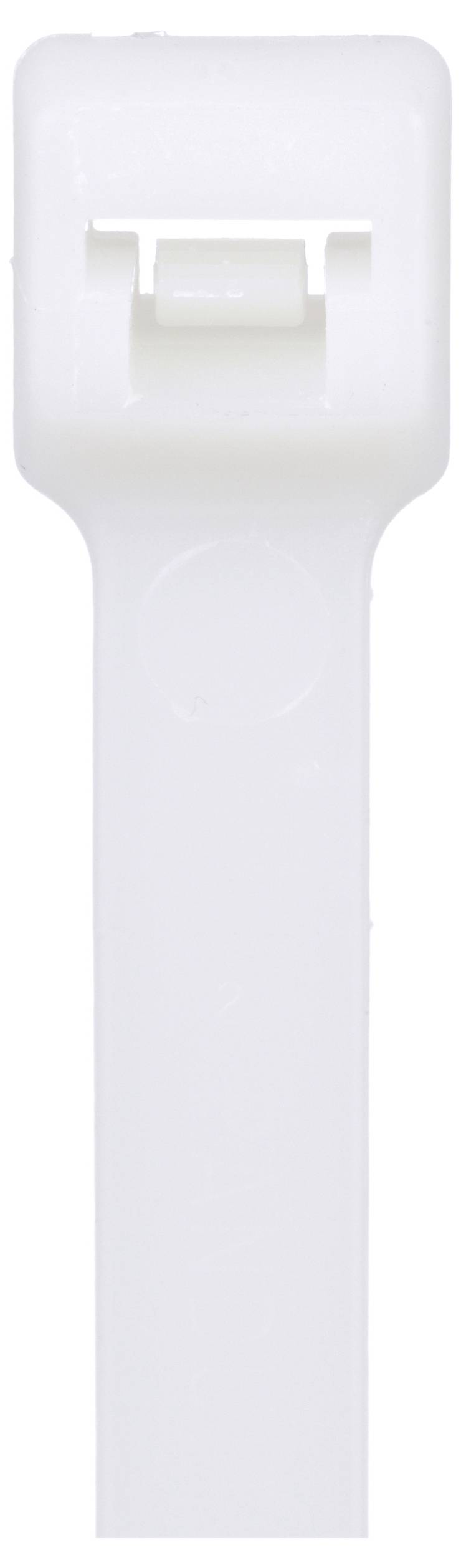 Een witte plastic kabelbinder gezien van voren, waarbij het vergrendelingsmechanisme bovenaan wordt geaccentueerd.